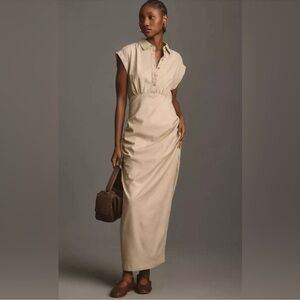 Anthropologie capsleeve v neck ruched slim midi dress